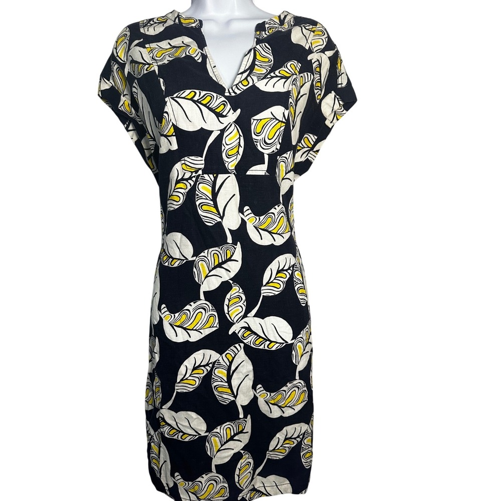 J.Crew Navy Blue Yellow Linen‎ Tencel Leaf Print Shift Dress XS Short Sleeve